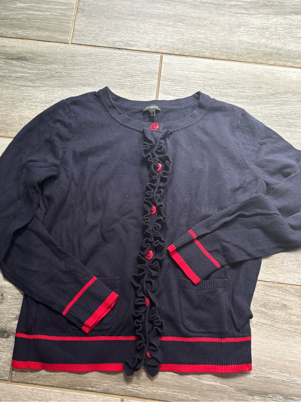Talbots Navy Cardigan with Red Anchor Button and trim.